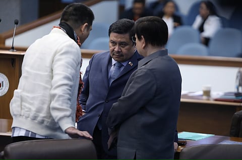 PERSECUTION or prosecution? Senator Jinggoy Estrada (center) faces a plunder case before the Sandiganbayan, while fellow Senators Robin Padilla and Rodante Marcoleta, flanking him in this photo, are also part of the Senate majority bloc that is purportedly being ‘targeted’ for cases tied to budget insertions.
