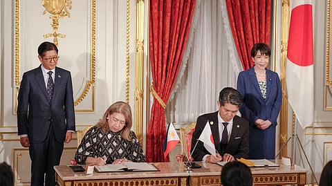 OFFICIALS from the Philippine and Japanese governments ink an agreement upgrading the two countries’ ties to a Comprehensive Strategic Partnership ahead of the 70th anniversary of diplomatic relations between the two nations this year. From left: President Ferdinand R. Marcos Jr., Philippine Ambassador to Japan Mylene J. Garcia-Albano, Japanese Ambassador to the Philippines Endo Kazuya and Japanese Prime Minister Sanae Takaichi.