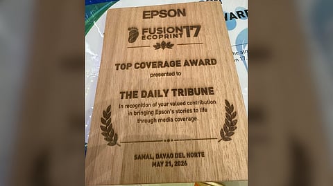 DAILY TRIBUNE receives the Top Coverage Award during Epson Fusion 17 in Samal, Davao del Norte on 21 May 2026.