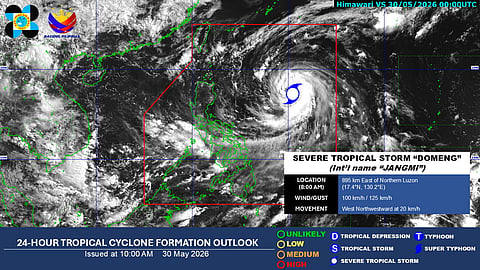 24-hour Tropical Cyclone Formation Outlook issued by PAGASA at 10 A.M., 30 May 2026. Despite no chance of landfall in the country, the trough of Severe Tropical Storm Domeng is expected to bring heavy rains and winds on eastern parts of the country along with the official arrival of the Habagat season.