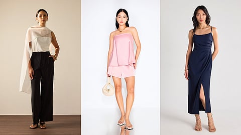 Leggy™ Pia Adjustable Hem Elastic Melange Straight Leg Pant, Taffeta Straight Neck Tunic Top and BraFree by LB Crepe Side Pleat Dress.