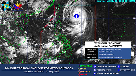 24-hour Tropical Cyclone Formation Outlook by PAGASA issued at 10:00 A.M., 31 May 2026. Despite no expected landfalls, Typhoon Domeng continues to intensify over PAR, pulling the southwest monsoon over the country, bringing rain and marking the beginning of the "habagat" season in the Philippines. Cloudy skies and rainfall is expected over the archipelago this week as projected by PAGASA.