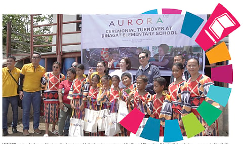MANOBO grade-schoolers (front row) expect better learning experience at the Dinagat Elementary School with benefactors — represented by Aboitiz Foundation president Ginggay Hontiveros-Malvar, Okada Foundation president James Lorenzana, CitySavings assistant vice president Paula Viegelmann-Ruelan, Bunawan Mayor Sylvia B. Elorde and DepEd Caraga assistant regional director Pedro T. Escobarte Jr. (back row) — bringing solar power, Starlink Internet, Smart TV and water tanks to the last-mile school in Purok 6, Sitio Dinagat, Barangay San Marcos, Bunawan, Agusal del Sur.