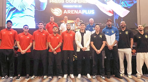 PBA commissioner Willie Marcial (at the back, second from right) presents Ginebra coach Tim Cone and TNT Tropang 5G mentor Chot Reyes together with the competitors in the PBA Season 50 Commissioner’s Cup best-of-seven finals series that starts on Wednesday.