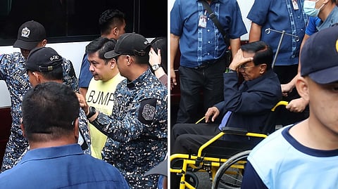 SENATOR Jinggoy Estrada and former Department of Public Works and Highways Secretary Manuel Bonoan arrive separately at the Sandiganbayan Second Division on Tuesday for the scheduled arraignment in their graft case linked to the alleged flood control kickback scheme. The court, however, postponed the arraignment to Thursday morning.