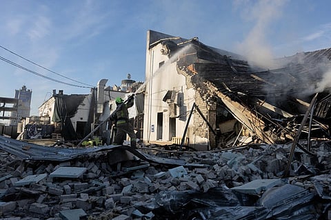 FIREFIGHTERS put out a fire at a car dealership following massive Russian missile and drone strikes on Kyiv, amid the Russian invasion of Ukraine. Russian missile and drone barrages rocked parts of Ukraine, killing four and wounding dozens, officials said, the latest attacks in a war that sees no signs of ending.