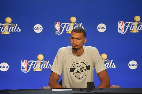 SAN ANTONIO, TX - JUNE 3: Victor Wembanyama #1 of the San Antonio Spurs is interviewed by the media after the game against the New York Knicks during Game One of the 2026 NBA Finals on June 3, 2026 at Frost Bank Center in San Antonio, Texas.