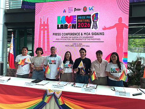 LOVE LAB4N IN QC: The Quezon City government and partners gathered in the signing of Memorandum of Agreement (MOA) and press conference on Thursday afternoon, June 4, for the launching of the LOVE LAB4N - Pride PH Festival 2026. Holding the LGBTQIA+ Flag were (from left to right) UP Vice Chancellor for Community Affairs Prof. Jerwin Agpaoa, Pride PH National Convenor Rodina Singh, UP Chancellor Atty. Edgardo Carlo Vistan II, Quezon City Mayor Joy Belmonte, Pride PH National Convenors Vince Renzo Liban, and Sky Teotico and QC Government Gender and Development Council Secretary Janete Ovideo. (PHOTOGRAPHED by Sean Magbanua for the Daily Tribune).