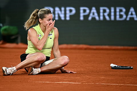 MAJA Chwalinska celebrates after stunning Diana Shnaider, 7-6 (7/4), 6-4, to advance to the final of the women’s singles event of the French Open.