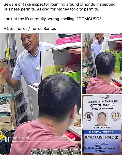 Manila LGU warns public of a fake business permit inspector identifying as "Albert A. Torres" roaming the streets of Binondo, Manila extorting business establishments for money.