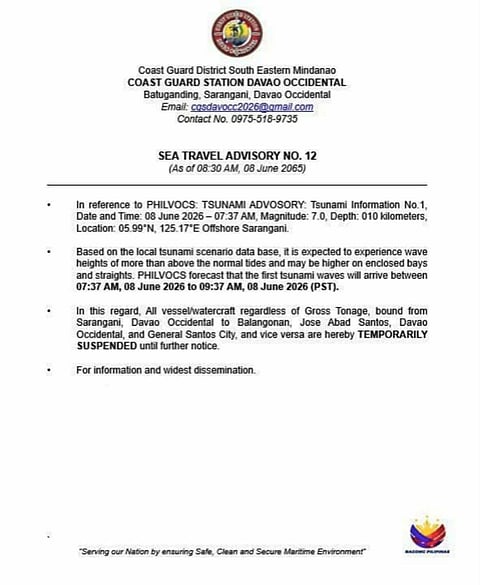 Coast Guard halts sea travel in Davao Occidental after quake