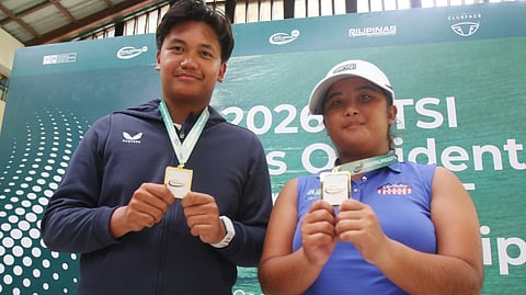 CEBU’S Sebastian Sajuela and Precious Zaragosa show off their medals after topping their respective divisions in the 2026 ICTSI Negros Junior PGT Championship at Negros Occidental Golf and Country Club in Bacolod on Wednesday.
