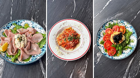 FROM left: Vitello Tonato, Veal in Tuna Sauce, Ragu and Burrata Salad.