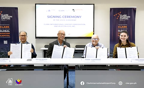 Clark International Airport Corporation (CIAC) officials signed a 25-year lease agreement yesterday, 09 June 2026, with Heatcon Asia, Inc., a global provider of composite repair solutions and a key supplier for aircraft manufacturer Boeing, to develop the Clark Aviation Capital. Signing the agreement are: CIAC President and CEO Jojit Alcazar (second from left) and Member of the Board Rommel Santiago (extreme left), Heatcon Asia, Inc. President Howard Victor Banasky (second from right) and Corporate Treasurer Aiza Banasky (extreme right).