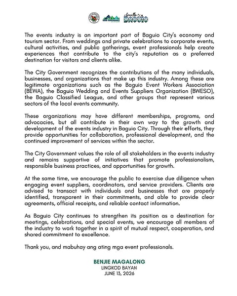 Baguio City Mayor Benjamin Magalong highlights the events industry as a key driver of tourism and economic growth, recognizing groups like BEWA, BWSO and BCL for raising professional standards. Learn how legitimate event suppliers, weddings, corporate functions and MICE activities strengthen Baguio’s reputation as a premier travel destination.