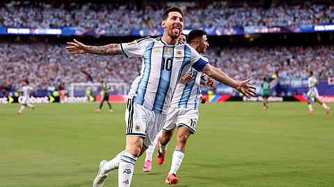 LIONEL Messi celebrates after netting his 16th goal that puts him on top of the all-time leading scorer chart of the FIFA World Cup during Argentina’s 3-0 win over Algeria in the preliminaries.