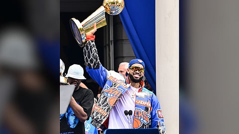 KARL-ANTHONY Towns and the New York Knicks celebrate their NBA conquest with a victory parade on the streets of Manhattan on Thursday.