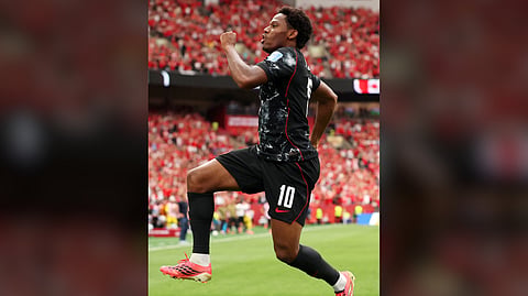 JONATHAN David of Canada celebrates after scoring a goal that sparked a 6-0 win over Qatar in Group B of the preliminaries of the FIFA World Cup.