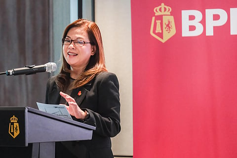 BPI Wealth president and CEO Tere Marcial speaks at the launch of its new peso-denominated share classes, which allows BPI users to participate in global capital markets for as little as P1,000.