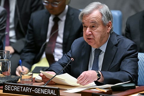 UN Secretary General Antonio Guterres speaks during a United Nations Security Council meeting on the Middle East, at UN Headquarters in New York, on 10 June 2026.