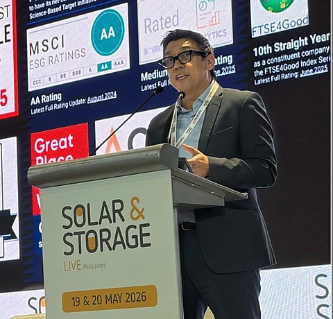 RAYMOND Aguilar, Globe vice president for risk and property management, delivering his speech at Solar & Storage Live 2026.