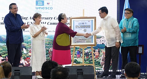 UNACOM commissioner and National Museum of the Philippines director-general Jeremy Barns; National Council of Women of the Philippines chairperson Cecilia La Madrid-Dy; Secretary of Foreign Affairs Maria Theresa P. Lazaro; PHLPost Postmaster and CEO Maximo Sta. Maria III and UNACOM Secretary-General Dr. Ivan Anthony S. Henares unveil the commemorative stamps.