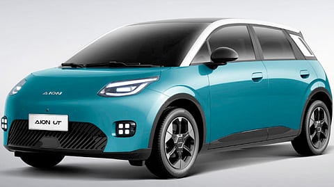 COMPACT GAC AION UT shows its Emerald Green and Rococo White two-tone finish as it enters the EV hatchback segment with a roomier cabin and city-friendly size.
