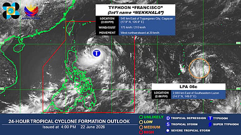 The 24-hour Tropical Cyclone Formation Outlook of DOST-PAGASA issued at 4 PM, 22 June 2026. (PHOTO COURTESY of PAGASA)