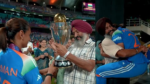 Harmanpreet celebrating victory with her father