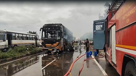 Locals set the bus on fire after accident