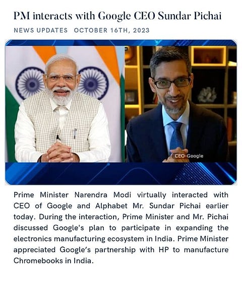 Modi interacts with Sundar Pichai, discusses Google's plan to expand manufacturing base in India