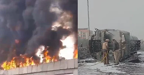 Khanna NH bridge ablaze after fire erupts i diesel tanker; Driver-cleaner jump to save life