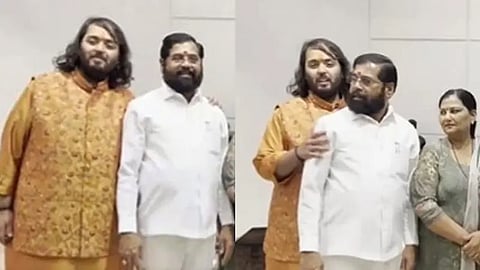 Anant Ambani, Anant Ambani Eknath Shinde, Anant Ambani Maharashtra CM Eknath Shinde, Anant Ambani Eknath Shinde Shoulders, Anant Ambani Hands Eknath Shinde Shoulders, Anant Ambani Wedding, Anant Ambani Wedding Invitation Card, Anant Ambani Maharashtra CM Wedding Invitation