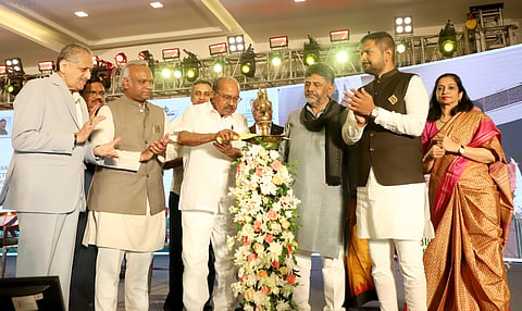 Chief Minister D.K. Shivakumar inaugurated the Keonics-50 Golden Jubilee event. Former Chief Minister Veerappa Moily, Minister Priyank Kharge, Keonics Chairman Sharath Bachegowda, and others were present.