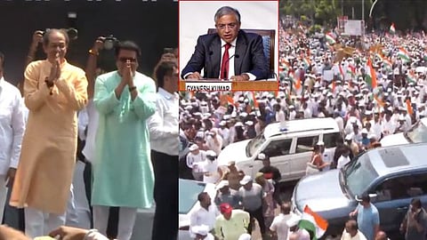 A scene from a massive protest led by the Thackeray brothers, condemning the Election Commission's stance and demanding the resignation of Chief Election Commissioner Gyanesh Kumar.
