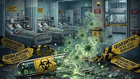 Symbolic image of a Russian laboratory in Siberia and a medical emergency.