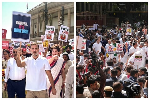 'ಜ್ಞಾನೇಶ್ ಇಟ್ಸ್ ಡನ್ ಬ್ರೋ ಟೈಮ್ ಟು ರಿಸೈನ್'; ಸಂಸತ್ ಆವರಣದಿಂದ INDIA ಒಕ್ಕೂಟದಿಂದ ರ್ಯಾಲಿ, DMK-AAP ಸಂಸದರು ಗೈರು