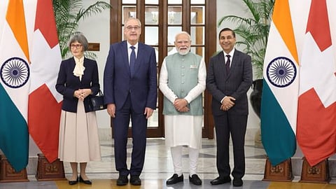 Dr. Anand Sankeshwar, MD of VRL Group, with Switzerland's First Lady Caroline Parmelin, Swiss President Guy Parmelin, and Prime Minister Narendra Modi in New Delhi on Monday.
