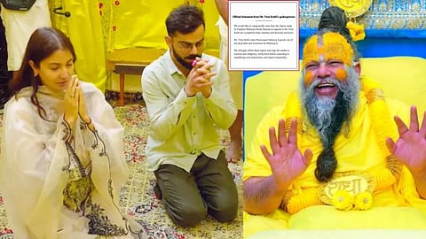 Cricketer Virat Kohli and his wife Anushka Sharma receiving blessings from Premanand Maharaj at an ashram in Vrindavan.