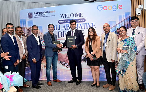 Google partner Arul Prakash, Shanoop from Google AI, Marketing Director Dr. H.P. Prashanth Kumar, and SNPSU representatives G.D. Manoj, Navisha Prabhakar, and Dr. V. Jayanthi, among others, were present during the signing of the MoU and the exchange of documents between Saptagiri NPS University and Google Cloud.