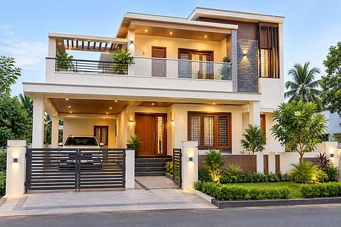 An exterior view of a house built according to Vastu.