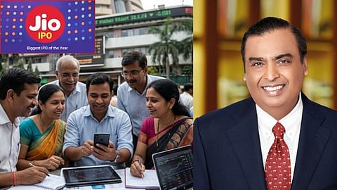 Jio Platforms logo and stock market chart, Reliance Industries Chairman Mukesh Ambani