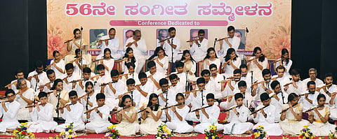 At the 56th Music Conference organized by the Gayana Samaja, a collective flute performance by students from the Gokulam School of Music—directed by Vidwan H.S. Venugopala—caught the attention of the audience.