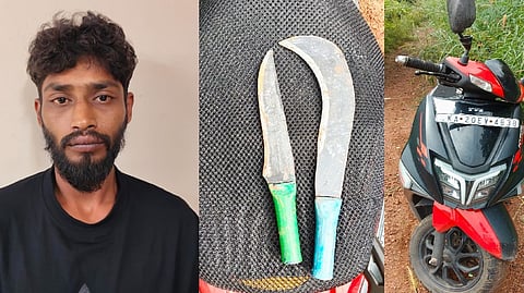 ಪೊಲೀಸರು ಬಂಧಿಸಿರುವ ಆರೋಪಿ ಮಹಮ್ಮದ್ ಪರ್ವೇಜ್. ವಶಕ್ಕೆ ಪಡೆದಿರುವ ಮಚ್ಚು, ಚಾಕು ಹಾಗೂ ಬೈಕ್.