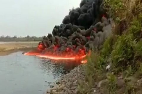 fire on river