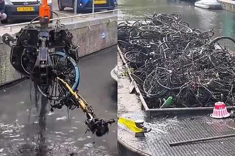 video Amsterdam City Canal Cleaning As Thousands Of Discarded Bicycles Are Pulled Out