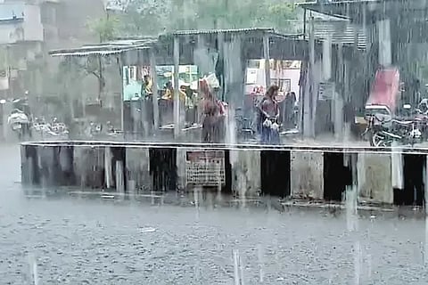 The water that has crept all over the road is torrential rain