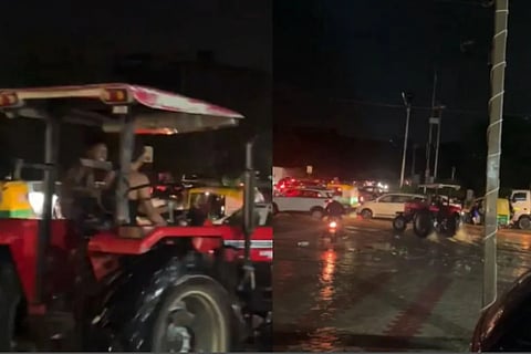 man rides a tractor to buy alcohol amid heavy rain