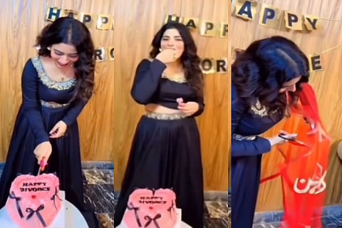 Pakistani woman celebrates divorce by cutting her bridal veil and cake