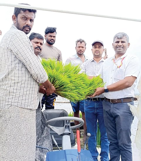 ಕಂಪ್ಲಿ ತಾಲೂಕಿನ ದೇವಸಮುದ್ರ ಗ್ರಾಮದಲ್ಲಿ ಕೃಷಿ ಇಲಾಖೆಯಿಂದ ಯಾಂತ್ರೀಕೃತ ಭತ್ತ ನಾಟಿಗೆ ಕೃಷಿ ಇಲಾಖೆ ಸಹಾಯಕ ನಿರ್ದೇಶಕ ಎಸ್.ಎನ್.ಮಂಜುನಾಥ ಚಾಲನೆ ನೀಡಿದರು. ಸಹಾಯಕ ಕೃಷಿ ನಿರ್ದೇಶಕ ಸಿ.ಎ.ಮಂಜುನಾಥರೆಡ್ಡಿ, ಕೃಷಿ ಅಧಿಕಾರಿ ಕೆ.ಸೋಮಶೇಖರ, ರೈತರಾದ ಹನುಮಂತಪ್ಪ, ಗಾದಿಲಿಂಗಪ್ಪ ಇತರರಿದ್ದರು.